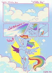 Size: 1366x1933 | Tagged: safe, artist:piesinful, derpibooru import, rainbow dash, pegasus, pony, comic:unlucky day, fanfic:cupcakes, cloud, dialogue, female, flying, g4, image, jpeg, mare, solo, sun