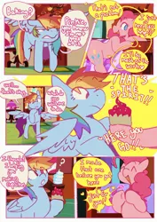 Size: 1366x1933 | Tagged: safe, artist:piesinful, derpibooru import, pinkie pie, rainbow dash, earth pony, pegasus, pony, comic:unlucky day, fanfic:cupcakes, comic, cupcake, dialogue, eye clipping through hair, eyebrows, eyebrows visible through hair, female, food, image, jpeg, mare, question mark, speech bubble, sugarcube corner