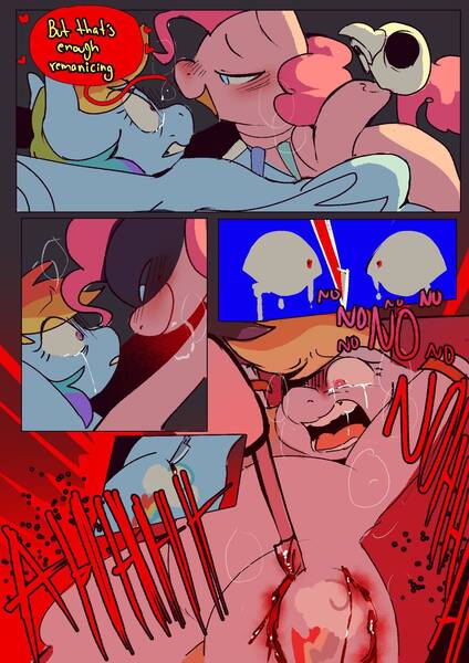 Size: 1366x1933 | Tagged: grimdark, artist:piesinful, derpibooru import, pinkie pie, rainbow dash, earth pony, pegasus, pony, comic:unlucky day, fanfic:cupcakes, blood, blushing, body parts, comic, crying, cutie mark removal, dialogue, duo, eye clipping through hair, eyebrows, eyebrows visible through hair, female, g4, horn, horn necklace, image, jewelry, jpeg, mare, necklace, restrained, scalpel, skull, speech bubble, spread eagle, torture