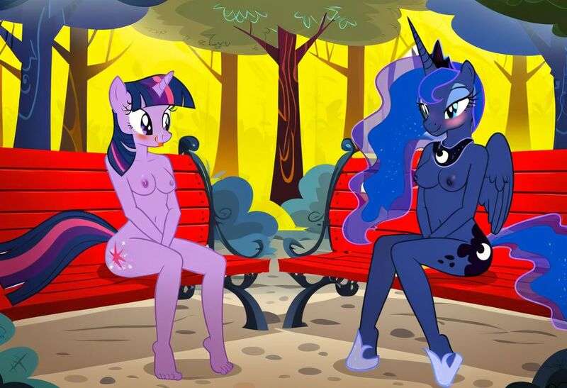 Size: 1216x832 | Tagged: explicit, ai content, machine learning generated, stable diffusion, princess luna, twilight sparkle, alicorn, anthro, benches, blushing, busty princess luna, busty twilight sparkle, exhibitionism, flirty, forest background, hiking trail, in love, inviting, jpeg, lesbian couple, licking lips, mutual masturbation, nudity, seductive pose, sexy, sitting, smiling