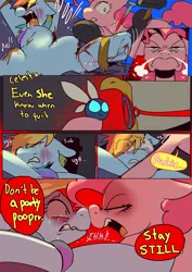 Size: 2733x3866 | Tagged: grimdark, artist:piesinful, derpibooru import, gilda, pinkie pie, rainbow dash, earth pony, gryphon, parasprite, pegasus, pony, comic:unlucky day, fanfic:cupcakes, bleeding, blood, comic, crying, dialogue, eye clipping through hair, eyebrows, eyebrows visible through hair, female, g4, gag, hammer, image, mare, nail, png, restrained, ring gag, speech bubble, spread eagle, torture, wingless