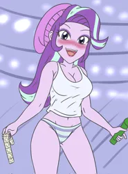 Size: 1518x2048 | Tagged: suggestive, artist:sumin6301, derpibooru import, starlight glimmer, human, equestria girls, beanie, blushing, breasts, clothes, condom, dildo, eyebrows, eyebrows visible through hair, female, g4, hand, happy, hat, horny, image, jpeg, looking at you, open mouth, package, panties, panty shot, purple background, purple beanie, sex toy, simple background, solo, solo female, standing, striped panties, striped underwear, tanktop, teeth, thighs, underwear, white tank top