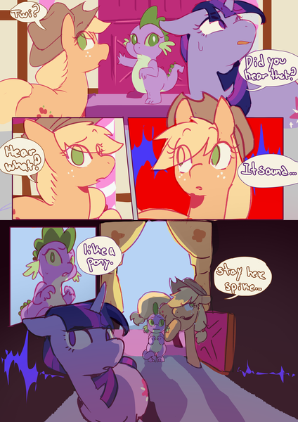 Size: 2733x3866 | Tagged: safe, artist:piesinful, derpibooru import, applejack, spike, twilight sparkle, dragon, earth pony, pony, unicorn, comic:unlucky day, fanfic:cupcakes, applejack's hat, comic, cowboy hat, dialogue, eye clipping through hair, eyebrows, eyebrows visible through hair, female, hat, image, male, mare, png, scared, speech bubble, sugarcube corner, sweat, trio, unicorn twilight