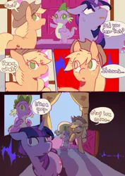 Size: 2733x3866 | Tagged: safe, artist:piesinful, derpibooru import, applejack, spike, twilight sparkle, dragon, earth pony, pony, unicorn, comic:unlucky day, fanfic:cupcakes, applejack's hat, comic, cowboy hat, dialogue, eye clipping through hair, eyebrows, eyebrows visible through hair, female, hat, image, male, mare, png, scared, speech bubble, sugarcube corner, sweat, trio, unicorn twilight