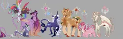 Size: 1156x371 | Tagged: safe, artist:piesinful, derpibooru import, applejack, fluttershy, pinkie pie, rainbow dash, rarity, spike, twilight sparkle, twilight sparkle (alicorn), alicorn, classical unicorn, dragon, earth pony, pegasus, pony, unicorn, alternate design, amputee, artificial wings, augmented, bow, capelet, cloven hooves, colored wings, female, gray background, hair bow, hair bun, hat, height difference, horn, image, jewelry, jpeg, leonine tail, long tail, lowres, mane six, mare, necklace, prosthetic leg, prosthetic limb, prosthetic wing, prosthetics, simple background, tail, tail bow, unshorn fetlocks, wings