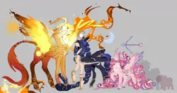 Size: 1194x625 | Tagged: safe, artist:piesinful, derpibooru import, princess cadance, princess celestia, princess luna, alicorn, pony, alternate design, arrow, blindfold, bow (weapon), cupid, curved horn, female, fiery mane, fiery wings, gray background, hoof shoes, horn, horn jewelry, image, jewelry, jpeg, leonine tail, mare, peytral, simple background, spread wings, tail, trio, twitterina design, unshorn fetlocks, wings