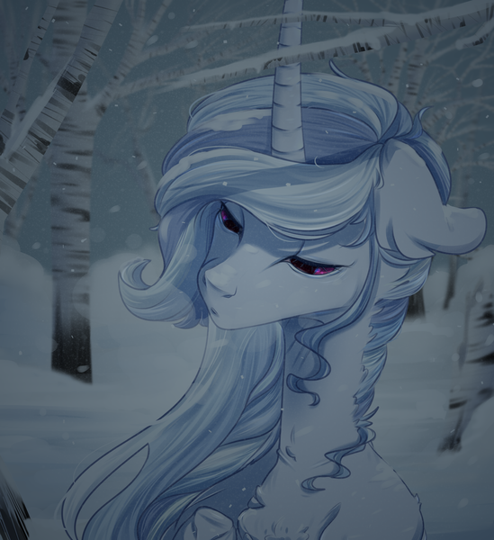 Size: 3200x3500 | Tagged: safe, artist:blackberry907, derpibooru import, oc, oc:anathema, unofficial characters only, pony, unicorn, bust, commission, female, forest, horn, image, mare, nature, png, snow, snowfall, solo, tree, winter, ych result