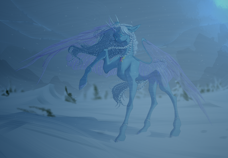 Size: 5200x3600 | Tagged: safe, artist:blackberry907, derpibooru import, oc, unofficial characters only, alicorn, pony, alicorn oc, blizzard, commission, female, horn, horns, image, jewelry, mare, necklace, png, snow, snowfall, transparent wings, wings