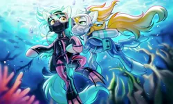 Size: 2048x1226 | Tagged: safe, artist:swaybat, derpibooru import, oc, unofficial characters only, pony, air tank, bubble, coral, crepuscular rays, digital art, dive mask, duo, ear fluff, flippers (gear), flowing mane, flowing tail, g4, goggles, happy, holding hooves, image, jpeg, lidded eyes, looking at each other, looking at someone, ocean, one eye closed, scuba diving, scuba gear, seaweed, shipping, shipwreck, smiling, sunlight, swimming, tail, underwater, water, wink