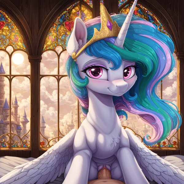 Size: 2688x2688 | Tagged: explicit, ai content, derpibooru import, machine learning generated, princess celestia, oc, oc:anon, alicorn, human, pony, canterlot, cloud, cloudy, cowgirl position, crown, first person view, front view, human on pony action, image, interspecies, jewelry, offscreen character, penetration, png, pov, regalia, sex, smiling, solo focus, spread wings, stained glass, vaginal, window, wings