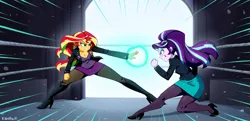 Size: 1856x896 | Tagged: prompter needed, source needed, safe, ai content, derpibooru import, machine learning generated, novelai, stable diffusion, starlight glimmer, sunset shimmer, human, equestria girls, breasts, business suit, cleavage, clothes, fight, g4, high heels, horn, image, magic, pantyhose, png, shoes, suit, sunset vs starlight, unicorn horn