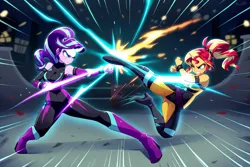 Size: 1344x896 | Tagged: prompter needed, source needed, safe, ai content, derpibooru import, machine learning generated, novelai, stable diffusion, starlight glimmer, sunset shimmer, human, equestria girls, boots, catsuit, clothes, fight, g4, high heel boots, high heels, image, kick, martial arts, png, shoes, sunset vs starlight