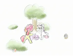 Size: 2463x1902 | Tagged: safe, artist:notfocks, derpibooru import, apple bloom, diamond tiara, scootaloo, silver spoon, sweetie belle, pegasus, pony, unicorn, basket, beaten up, bow, crying, cutie mark crusaders, easter, easter egg, female, fight, filly, foal, forest, hair bow, holiday, horn, image, jewelry, jpeg, kicking, lying down, nature, tiara, tree