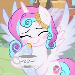 Size: 2000x2000 | Tagged: safe, artist:lovinglypromise, derpibooru import, oc, oc:lovely promise, alicorn, pony, cup, eyes closed, female, image, mare, not flurry heart, offspring, parent:princess cadance, parent:shining armor, parents:shiningcadance, png, solo, teacup
