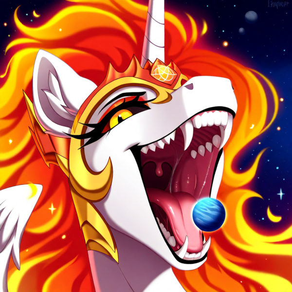 Size: 1024x1024 | Tagged: questionable, ai content, derpibooru import, machine learning generated, novelai, stable diffusion, daybreaker, alicorn, pony, bust, close-up, drool, drool string, female, giantess, giga, image, imminent consumption, looking at you, macro, mane of fire, mawshot, mega giant, open mouth, planet, png, pony bigger than a planet, portrait, prompt in description, sharp teeth, slender, solo, solo female, sternocleidomastoid, teeth, thin, throat, uvula, vore