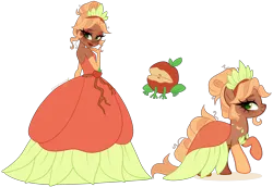 Size: 5040x3470 | Tagged: safe, artist:gihhbloonde, derpibooru import, applejack, earth pony, human, pony, apple frog, applejack also dresses in style, clothes, crossover, crossover fusion, crown, disney princess, dress, evening gloves, female, freckles, fusion, fusion:applejack, fusion:tiana, gloves, gown, hair bun, image, jewelry, lipstick, long gloves, png, regalia, standing, the princess and the frog, tiana, we have become one
