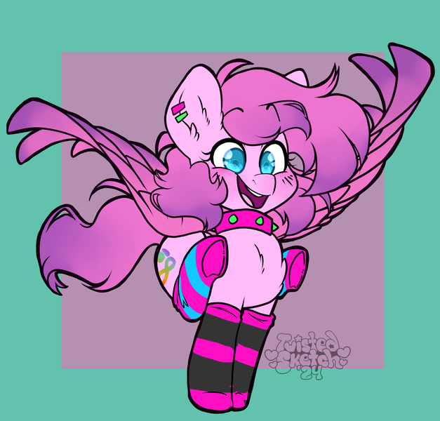 Size: 3000x2869 | Tagged: safe, artist:twisted-sketch, derpibooru import, oc, oc:muffins, unofficial characters only, pegasus, pony, choker, clothes, colored wings, digital art, ear piercing, earring, female, image, jewelry, mare, piercing, png, simple background, socks, solo, spiked choker, striped socks, wings