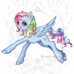 Size: 2048x2048 | Tagged: safe, artist:krol2501, derpibooru import, rainbow dash, rainbow dash (g3), pegasus, pony, g3, blue coat, eye lashes, g3 to g4, g4, generation leap, image, jpeg, looking at you, multicolored hair, rainbow hair, signature, smiling, smiling at you, spread wings, unshorn fetlocks, violet eyes, wings