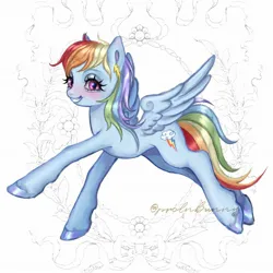 Size: 2048x2048 | Tagged: safe, artist:krol2501, derpibooru import, rainbow dash, pegasus, pony, blue coat, g4, image, jpeg, looking at you, multicolored hair, rainbow hair, signature, simple background, smiling, smiling at you, spread wings, unshorn fetlocks, violet eyes, white background, wings