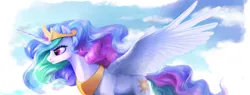 Size: 19423x7401 | Tagged: safe, artist:cannibalus, derpibooru import, princess celestia, alicorn, pony, absurd file size, absurd resolution, aerography, cloud, cloudy, crown, decal, female, flying, frown, g4, high res, image, jewelry, majestic, mare, necklace, png, regalia, serious, serious face, side view, signature, solo, spread wings, wings