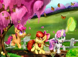 Size: 6600x4800 | Tagged: safe, artist:cosmocatcrafts, derpibooru import, apple bloom, scootaloo, sweetie belle, butterfly, earth pony, insect, pegasus, pony, unicorn, absurd file size, absurd resolution, adorabloom, butterfly net, cute, cutealoo, cutie mark, cutie mark crusaders, diasweetes, female, filly, foal, g4, grin, horn, image, magic, net, png, smiling, the cmc's cutie marks, trio