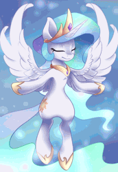 Size: 1000x1450 | Tagged: safe, artist:scarlet-spectrum, derpibooru import, princess celestia, alicorn, pony, absurd file size, absurd gif size, animated, armpits, cinemagraph, crown, cutie mark, ethereal mane, ethereal tail, eyes closed, female, floating, flowing mane, flowing tail, g4, gif, glow, glowing mane, glowing tail, hoof shoes, image, jewelry, mare, multicolored mane, multicolored tail, peytral, regalia, royalty, smiling, solo, spread wings, tail, wings