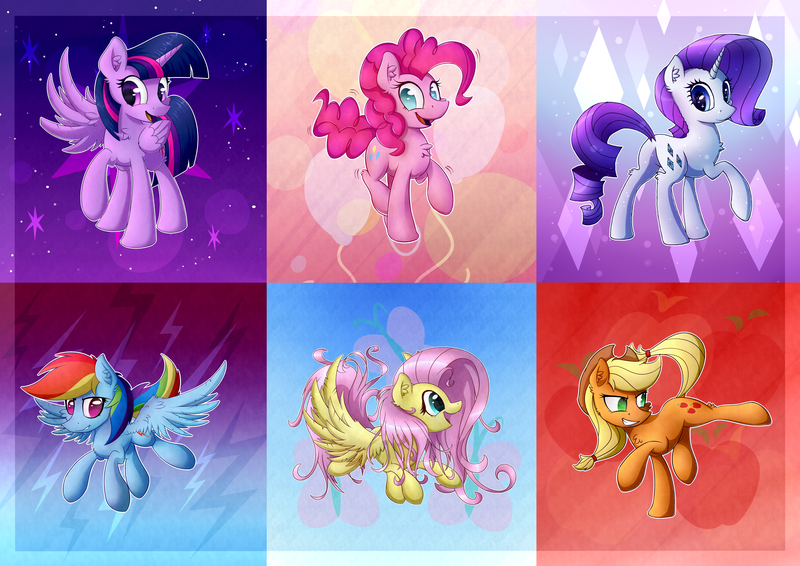 Size: 6614x4677 | Tagged: safe, artist:sentireaeris, derpibooru import, applejack, fluttershy, pinkie pie, rainbow dash, rarity, twilight sparkle, twilight sparkle (alicorn), alicorn, earth pony, pegasus, pony, unicorn, abstract background, absurd file size, absurd resolution, bucking, collage, compilation, female, g4, horn, image, mane six, mare, png, smiling, too big for derpibooru