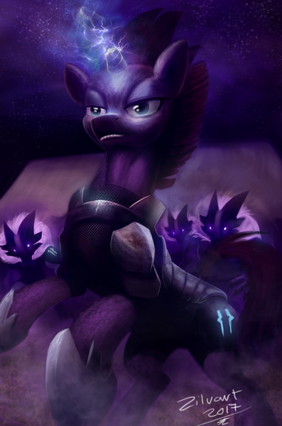 Size: 7390x11182 | Tagged: safe, artist:zilvart, derpibooru import, tempest shadow, pony, unicorn, my little pony: the movie, absurd file size, absurd resolution, armor, broken horn, chainmail, electricity, female, g4, horn, image, mare, night, png, rearing, signature, solo focus, stars, storm guard