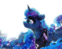 Size: 6000x4800 | Tagged: safe, artist:thefloatingtree, derpibooru import, princess luna, alicorn, pony, absurd file size, absurd resolution, bust, ethereal mane, female, frown, g4, galaxy mane, image, looking up, mare, png, profile, simple background, solo, white background