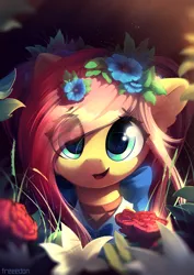 Size: 4961x7016 | Tagged: safe, artist:freeedon, derpibooru import, fluttershy, pegasus, pony, absurd file size, absurd resolution, beautiful, bow, bust, clothes, cute, dress, ear fluff, eye clipping through hair, eye reflection, eyebrows, eyebrows visible through hair, female, flower, flower in hair, g4, image, lily (flower), looking at you, mare, open mouth, png, portrait, reflection, rose, shyabetes, sidemouth, signature, smiling, solo