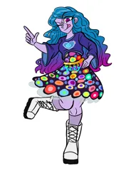 Size: 1240x1754 | Tagged: safe, artist:jully-park, derpibooru import, izzy moonbow, human, equestria girls, g5, clothes, cutie mark, dress, g4, humanized, image, jpeg, looking at you, magenta eyes, one eye closed, purple skin, shoes, signature, simple background, socks, tongue out, two toned hair, white background, wink