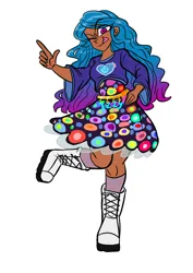 Size: 1240x1754 | Tagged: safe, artist:jully-park, derpibooru import, izzy moonbow, human, g5, clothes, cutie mark, dress, human coloration, humanized, image, jpeg, looking at you, magenta eyes, moderate dark skin, one eye closed, shoes, signature, simple background, socks, tongue out, two toned hair, white background, wink