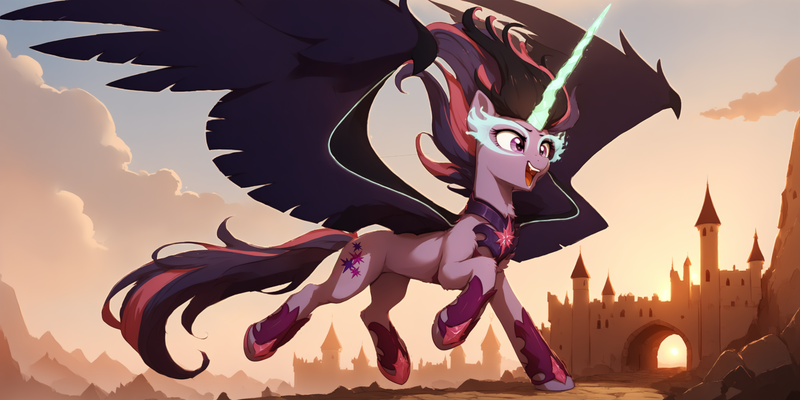 Size: 3072x1536 | Tagged: safe, ai content, derpibooru import, machine learning assisted, machine learning generated, prompter:oranzinispegasiukas, stable diffusion, sci-twi, twilight sparkle, oc, alicorn, pony, equestria girls, castle, chest fluff, concave belly, cute, female, generator:pony diffusion v6 xl, happy, image, large wings, midnight sparkle, midnightabetes, open mouth, open smile, png, slender, smiling, solo, spread wings, thin, twiabetes, wings