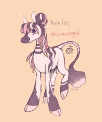 Size: 754x899 | Tagged: safe, artist:beyhr, derpibooru import, part of a set, oc, oc:peach fizz, unofficial characters only, zebra, cloven hooves, colored hooves, curly mane, curly tail, eye clipping through hair, eyebrows, eyebrows visible through hair, female, hair accessory, hair bun, image, leonine tail, looking back, no catchlights, non-pony oc, orange background, png, purple eyes, raised leg, signature, simple background, smiling, striped, stripes, tail, tall ears, text, tied mane, two toned mane, two toned tail, white coat
