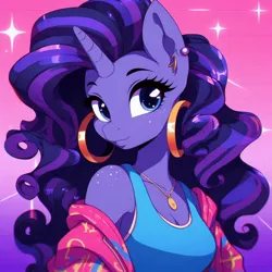 Size: 1024x1024 | Tagged: safe, ai content, derpibooru import, machine learning generated, oc, unofficial characters only, anthro, unicorn, abstract background, adorasexy, anthro oc, breasts, cleavage, clothes, cute, ear piercing, earring, female, horn, image, jewelry, jpeg, necklace, piercing, prompter:horselover fat, reasonably sized breasts, sexy, simple background, solo, tanktop, unicorn oc