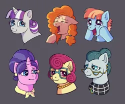 Size: 1280x1071 | Tagged: safe, artist:brightsnap, derpibooru import, cloudy quartz, cookie crumbles, pear butter, posey shy, twilight velvet, windy whistles, earth pony, pegasus, pony, unicorn, ear piercing, earring, eyes closed, female, floppy ears, g4, glasses, hooves on face, horn, image, jewelry, lidded eyes, mare, mom six, necklace, open mouth, open smile, piercing, png, smiling, squishy cheeks, starry eyes, wingding eyes
