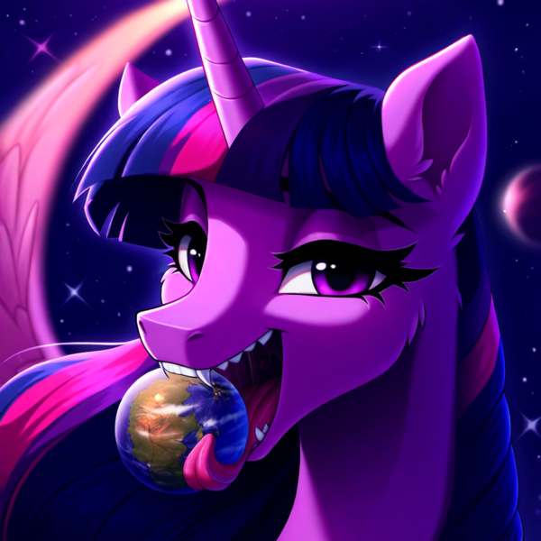 Size: 1024x1024 | Tagged: questionable, ai content, derpibooru import, machine learning generated, novelai, stable diffusion, twilight sparkle, twilight sparkle (alicorn), alicorn, pony, bust, close-up, female, giantess, giga, image, looking at you, macro, mega giant, open mouth, planet, png, portrait, prompt in description, sharp teeth, solo, solo female, teeth, vore