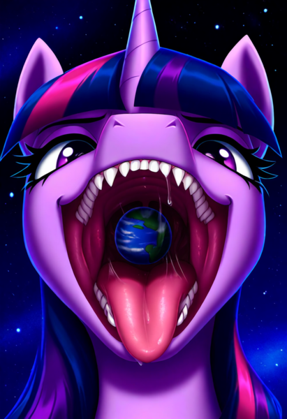 Size: 832x1216 | Tagged: questionable, ai content, derpibooru import, machine learning generated, novelai, stable diffusion, twilight sparkle, twilight sparkle (alicorn), alicorn, pony, bust, close-up, drool, female, giantess, giga, image, looking at you, macro, mawshot, mega giant, open mouth, planet, png, portrait, prompt in description, sharp teeth, solo, solo female, teeth, tongue out, uvula, vore