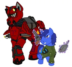 Size: 3004x2772 | Tagged: safe, artist:irkengeneral, derpibooru import, oc, oc:aquarius zodiac, oc:aries zodiac, earth pony, pony, unicorn, fallout equestria, fallout equestria: project horizons, armor, duo, fanfic art, female, gun, horn, image, jpeg, male, mare, power armor, simple background, weapon, white background