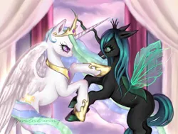 Size: 1500x1135 | Tagged: safe, artist:krol2501, derpibooru import, princess celestia, queen chrysalis, changeling, changeling queen, angry, crown, curtains, female, fight, g4, green eyes, green mane, image, jewelry, jpeg, multicolored mane, multicolored tail, pink eyes, raised hoof, rearing, regalia, spread wings, tail, wings