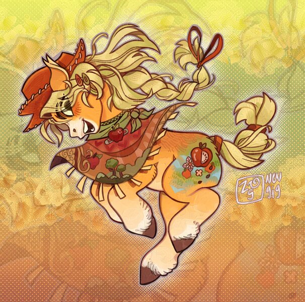 Size: 1936x1918 | Tagged: safe, artist:nevgig, derpibooru import, applejack, earth pony, pony, abstract background, alternate cutie mark, alternate design, applejack's hat, blonde mane, blonde tail, blushing, braid, braided tail, coat markings, colored belly, colored fetlocks, colored hooves, colored pinnae, cowboy hat, ear tufts, eye clipping through hair, eyebrows, eyebrows visible through hair, facial markings, female, g4, green eyes, hair accessory, hair ribbon, hairclip, halftone, hat, image, jpeg, looking back, mare, mealy mouth (coat marking), no catchlights, open mouth, open smile, orange coat, outline, pale belly, ponytail, profile, rearing, redesign, ribbon, shawl, signature, smiling, socks (coat marking), solo, tail, teeth, tied mane, tied tail, unshorn fetlocks, zoom layer