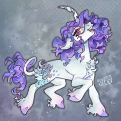 Size: 1518x1523 | Tagged: safe, artist:nevgig, derpibooru import, rarity, pony, unicorn, abstract background, alternate cutie mark, alternate design, alternate hairstyle, alternate tailstyle, butt fluff, chest fluff, colored eyebrows, colored hooves, curly mane, curly tail, curved horn, ear fluff, eyelashes, female, fetlock tuft, floppy ears, g4, glasses, halftone, horn, image, jpeg, long mane, long tail, looking back, mare, no catchlights, open mouth, open smile, pointy hooves, prancing, purple eyes, purple mane, purple tail, raised hoof, raised leg, rarity's glasses, redesign, signature, smiling, solo, sparkles, tail, teeth, thick eyelashes, unique horn, unshorn fetlocks, white coat
