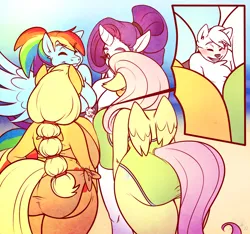 Size: 1500x1405 | Tagged: suggestive, artist:sheela, derpibooru import, applejack, fluttershy, rainbow dash, rarity, oc, anthro, applebutt, ass, beach, big breasts, bikini, boob smothering, breasts, busty applejack, busty fluttershy, busty rainbow dash, busty rarity, butt, clothes, commission, female, flutterbutt, furry, huge breasts, image, jpeg, lucky bastard, macro, micro, one-piece swimsuit, smothering, swimsuit, wide hips