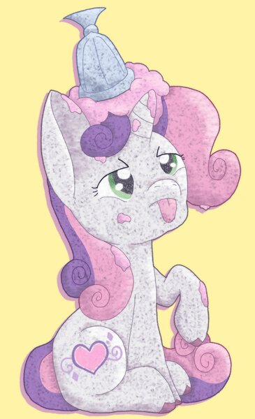 Size: 1364x2240 | Tagged: safe, artist:mimiqqkirisame, derpibooru import, sweetie belle, sweetie belle (g3), pony, unicorn, g3, female, filly, foal, food, green eyes, horn, ice cream, image, jpeg, magic, messy, raised leg, simple background, sweetie belle's magic brings a great big smile, tail, two toned mane, two toned tail, unshorn fetlocks, yellow background
