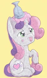 Size: 1364x2240 | Tagged: safe, artist:mimiqqkirisame, derpibooru import, sweetie belle, sweetie belle (g3), pony, unicorn, g3, female, filly, foal, food, green eyes, horn, ice cream, image, jpeg, magic, messy, raised leg, simple background, sweetie belle's magic brings a great big smile, tail, two toned mane, two toned tail, unshorn fetlocks, yellow background