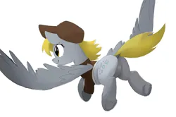Size: 2314x1541 | Tagged: safe, artist:mandumustbasukanemen, derpibooru import, derpy hooves, pony, female, flying, image, jpeg, looking forward, mailmare, mailmare uniform, mare, rear view, simple background, smiling, solo, spread wings, white background, wings