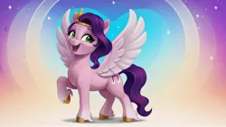 Size: 2560x1440 | Tagged: safe, ai content, derpibooru import, machine learning generated, stable diffusion, pipp petals, pegasus, pony, g5, abstract background, female, generator:pony diffusion v6 xl, hooves, image, jpeg, looking sideways, mare, open mouth, open smile, prompter:siber, raised hoof, smiling, solo, spread wings, standing, unshorn fetlocks, wallpaper, wings