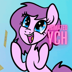 Size: 1080x1080 | Tagged: safe, artist:lannielona, derpibooru import, oc, unofficial characters only, pony, advertisement, animated, bits, cash, commission, female, gif, gradient background, image, mare, money, solo, wingding eyes, winner, ych animation, ych example, your character here