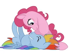Size: 2732x2048 | Tagged: safe, artist:mandumustbasukanemen, derpibooru import, pinkie pie, rainbow dash, pony, blushing, duo, female, image, lesbian, looking into each others eyes, lying down, mare, on back, pinkiedash, playing, png, shipping, smiling