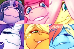 Size: 446x295 | Tagged: safe, artist:sheela, fluttershy, pinkie pie, rainbow dash, rarity, twilight sparkle, twilight sparkle (alicorn), alicorn, anthro, earth pony, pegasus, unicorn, art pack:pony parade vol. 1, collage, eyebrows, eyebrows visible through hair, freckles, grin, image, lip bite, looking at you, looking down, looking down at you, png, smiling, smiling at you, smug, teaser
